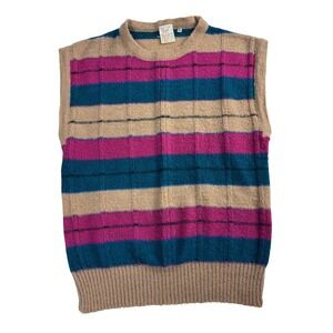 VTG Eaton Striped Sleeveless Sweater Vest Women's Size Medium Tan Pink Teal Knit